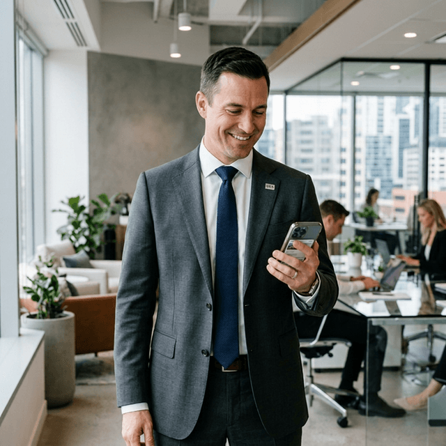 Smiling broker on phone